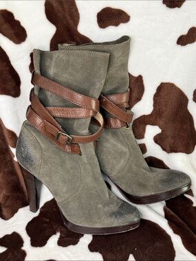Frye Gray Suede Heeled Ankle Boots with Brown Leather Wrap Straps